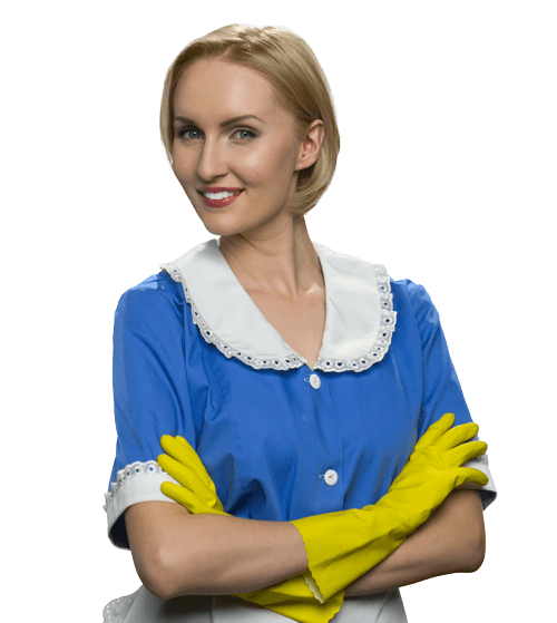 Woman wearing a cleaning uniform and yellow cleaning gloves