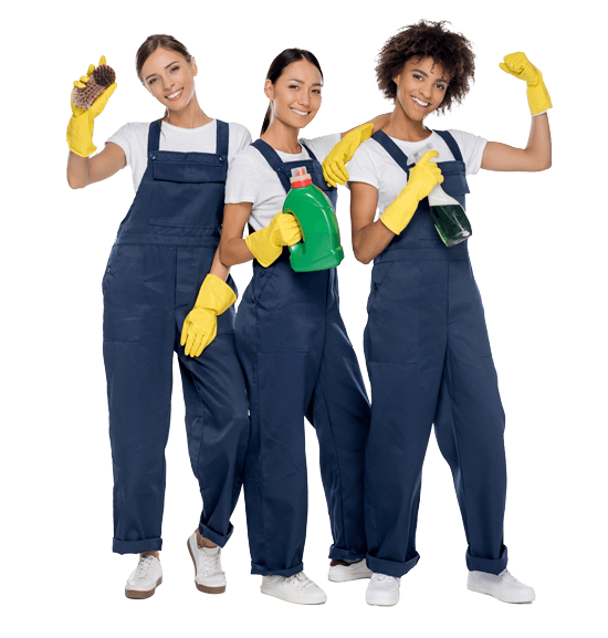 3 women in blue cleaning jumpsuits holding cleaning supplies